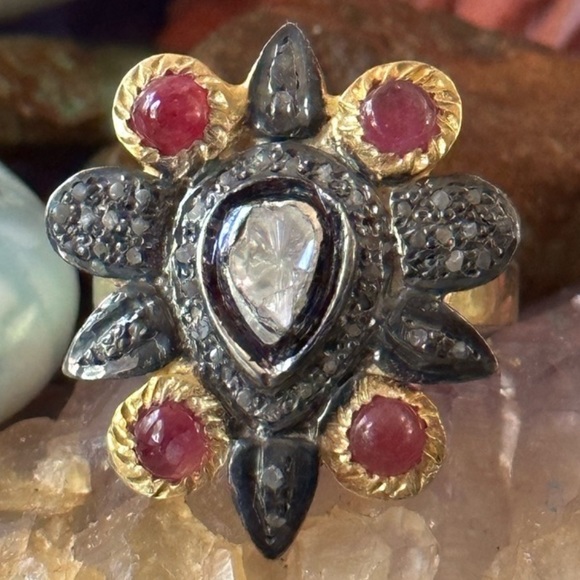 Polki Diamond ruby gold over 925 solid sterling silver ring